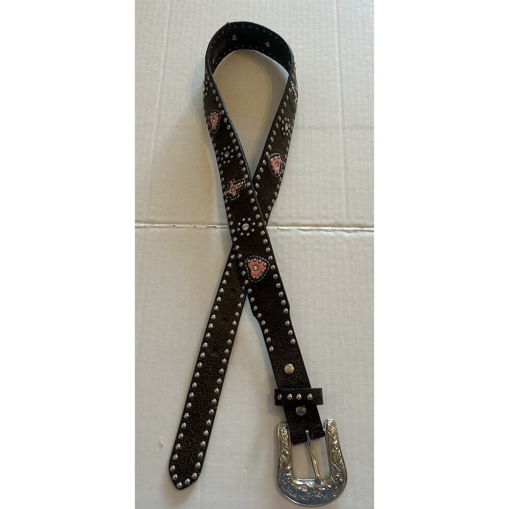 NOCONA Womens Western Belt Sz 28 Brown Leather‎ Studded Pink Heart Silver Buckle